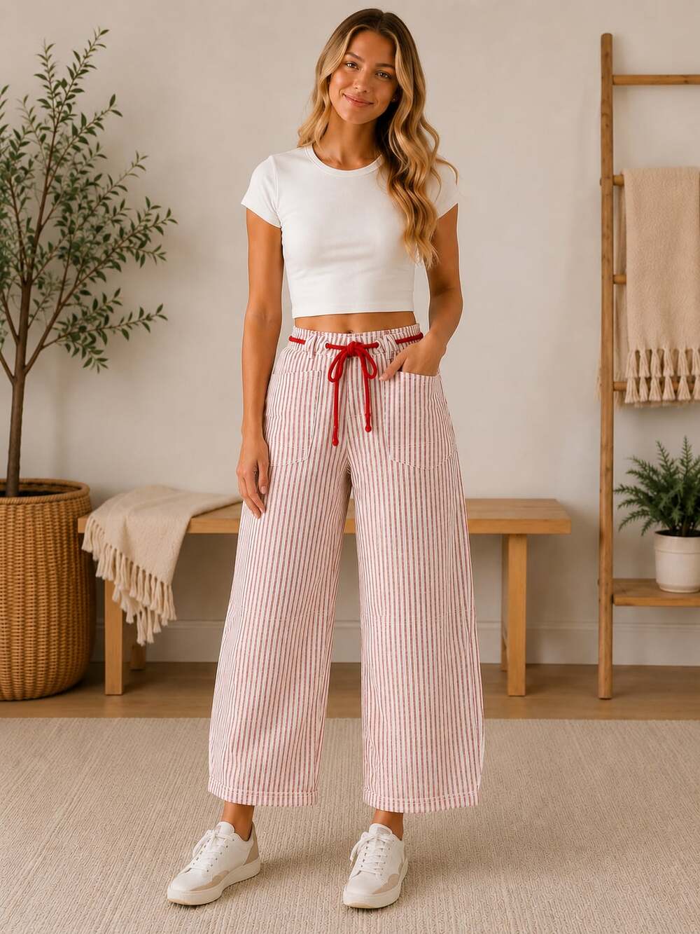 Aaron & Amber Striped Denim Pants with Red Drawstring Size Medium